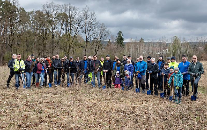 Zahlreiche Mitarbeiterinnen und Mitarbeiter von das Stadtwerk.Regensburg und REWAG nebst fleißigen Kindern mit REWAG-Vorstand Bernhard Büllmann und das Stadtwerk.Regensburg-Geschäftsführer Manfred Koller (vordere Reihe Mitte) im Lauber Hölzl. (Foto: Hanno Meier)