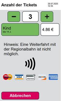 Es erfolgt wieder ein akustischer Hinweis, dass eine Weiterfahrt mit der Regionalbahn mit diesem Ticket nicht möglich ist. 
