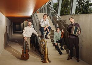 Foto des Musik-Ensembles 'Maxjoseph' mit Geige, Steirischer Harmonika, Gitarre und Tuba