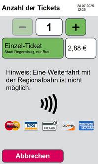 Der Gesamtpreis wird angezeigt, außerdem erfolgt ein akustischer Hinweis, dass eine Weiterfahrt mit der Regionalbahn mit diesem Ticket nicht möglich ist. 